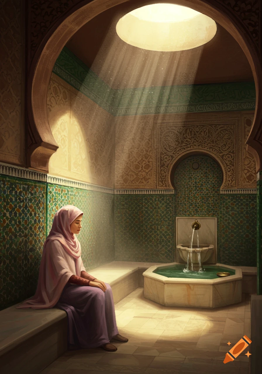 A Muslim woman in a pink hijab sits contemplatively in a sunlit, ornately tiled traditional hammam with a fountain.
