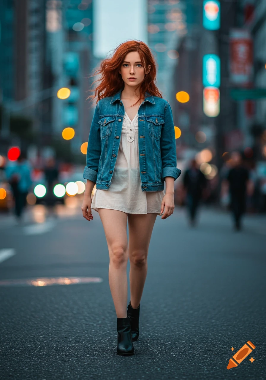 A photorealistic image of a young woman with long red hair and a denim jacket walking on a city street.