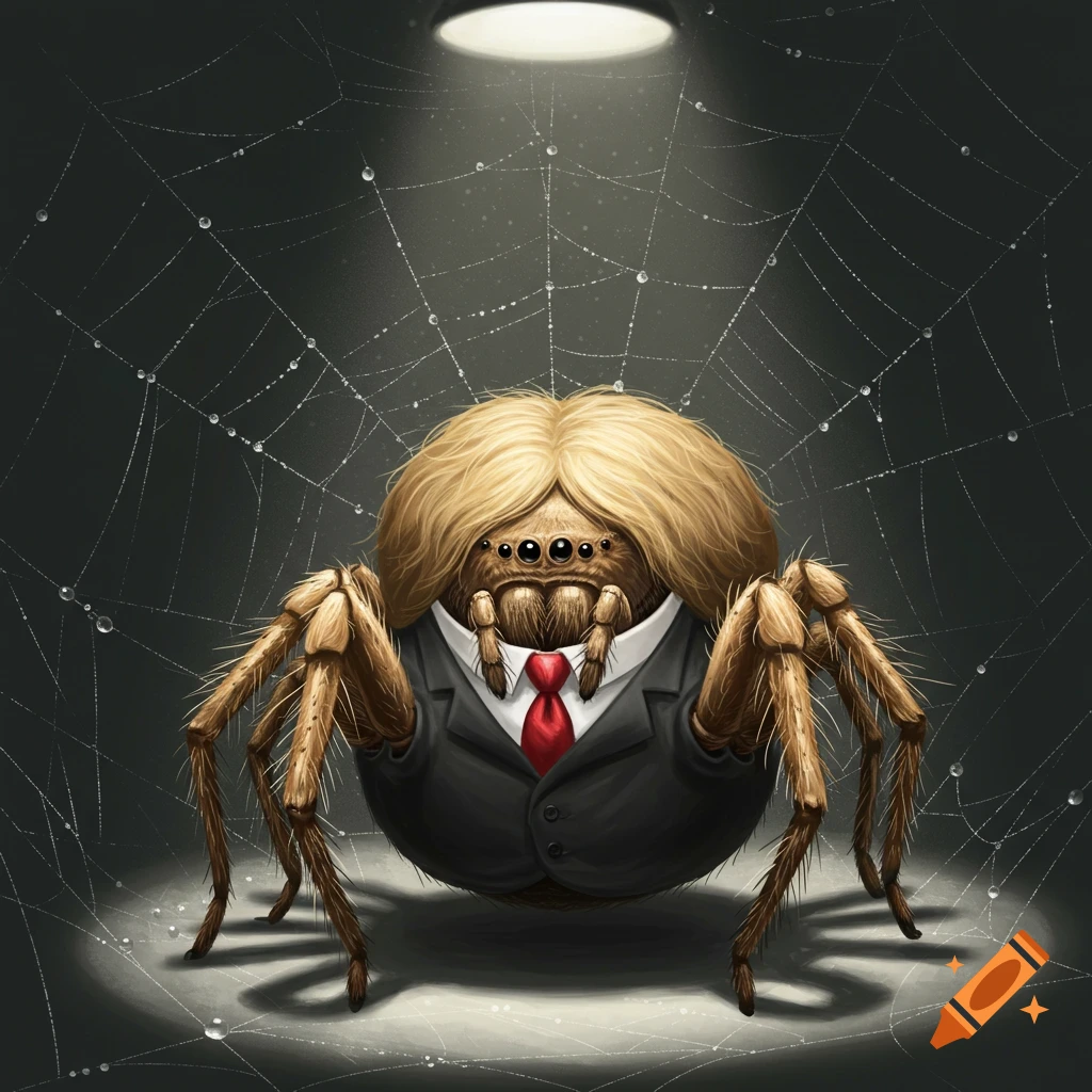 A cartoon spider with blond hair, wearing a dark suit and red tie, stands on a dewy spiderweb under a spotlight.