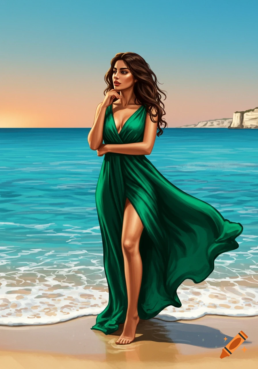 Illustrative portrait of a woman in a green dress standing on a beach by the ocean at sunset.