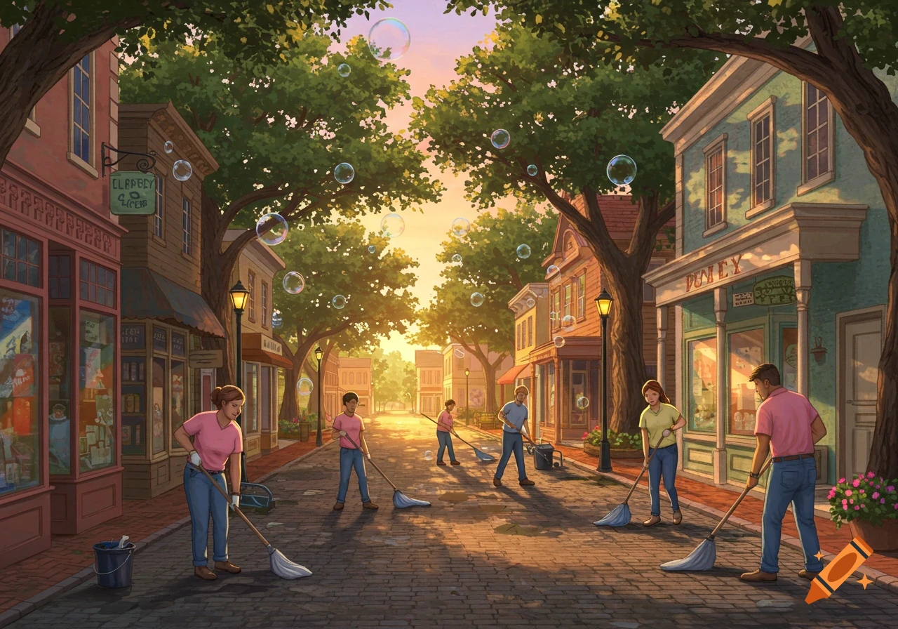 Illustration of people mopping and sweeping a sunny cobblestone street lined with charming shops and trees, with bubbles floating in the air.