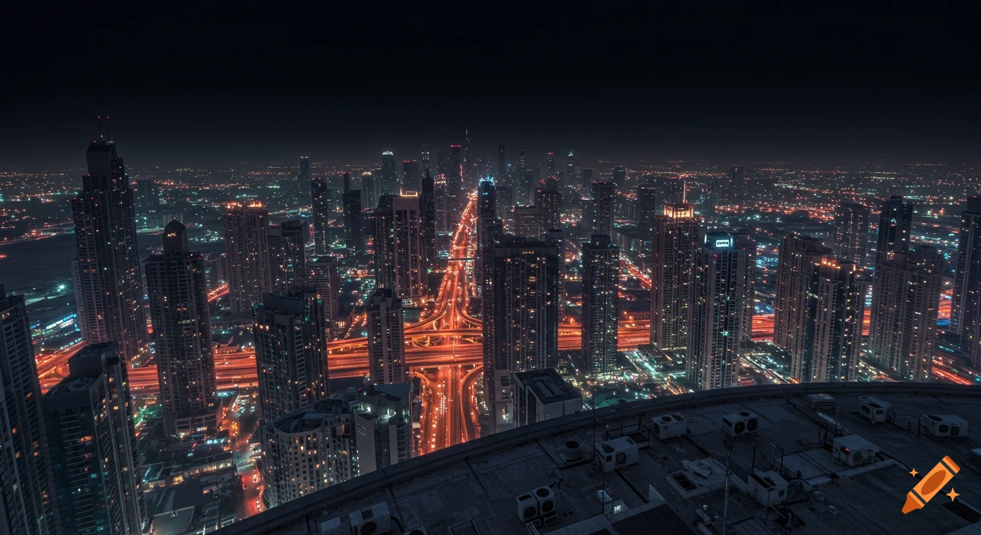 Panoramic night view of a sprawling modern cityscape with numerous skyscrapers, illuminated roads, and city lights under a dark sky.