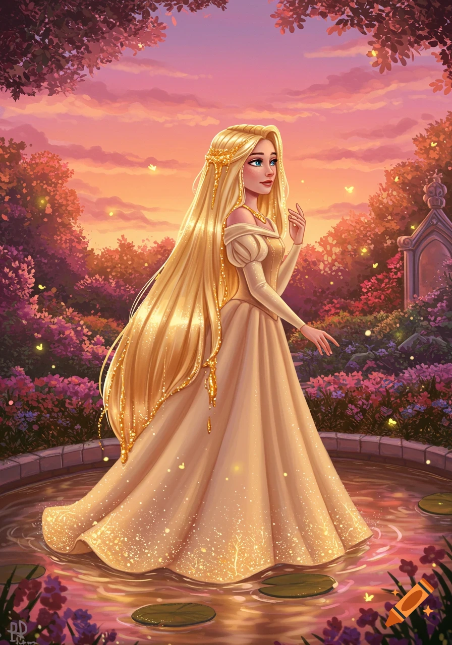 A long-haired princess in a golden dress stands in a magical garden at sunset with glowing butterflies.