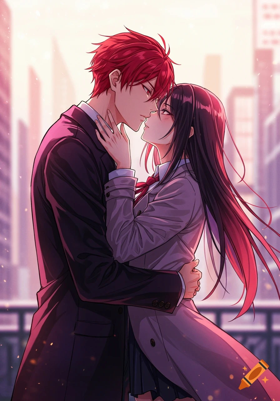 Anime couple embracing and leaning in for a kiss in an urban setting with a warm glow.