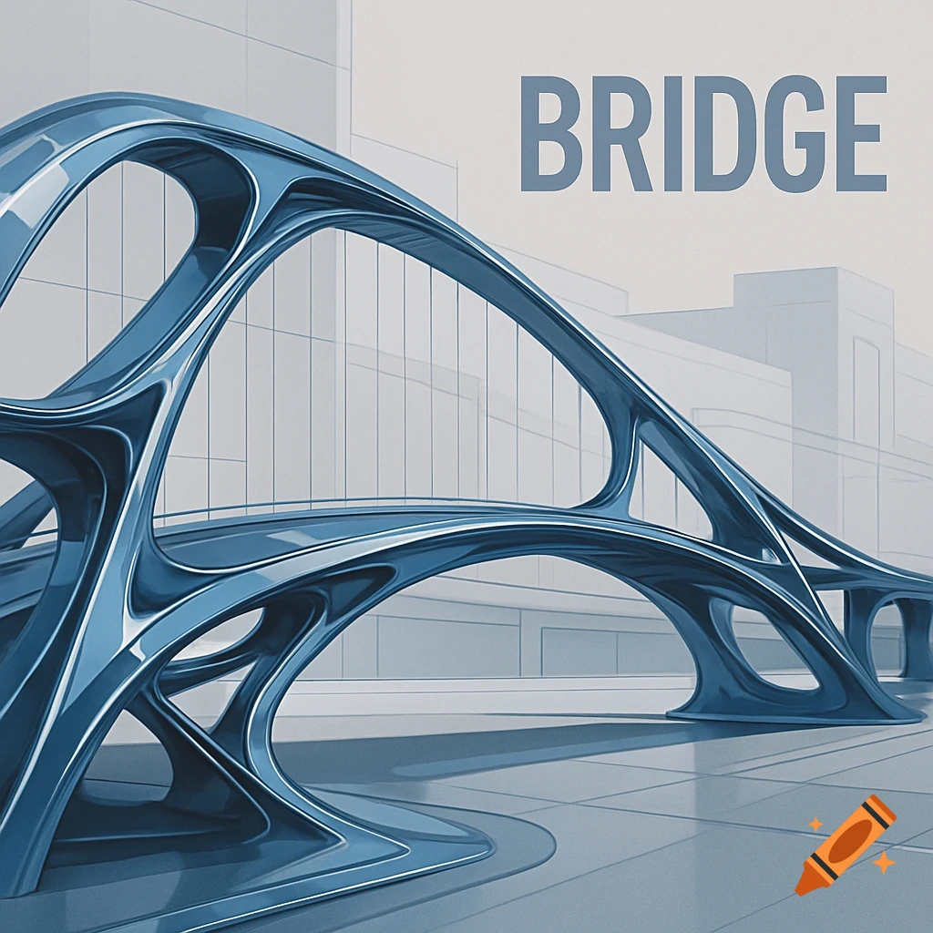 Abstract, modern blue bridge with fluid shapes and reflections, against a light background, with the word 'BRIDGE'.