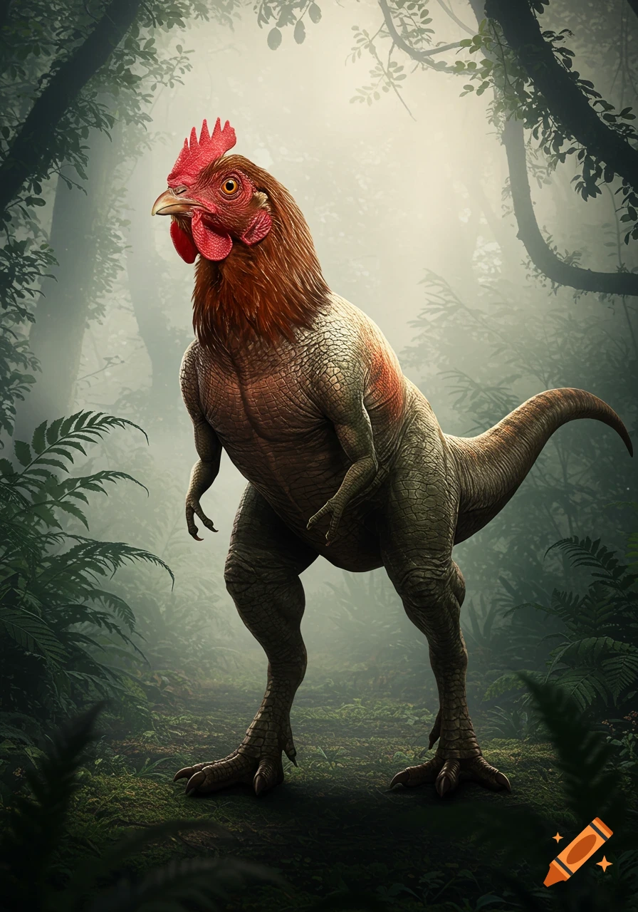 A photorealistic depiction of a creature with a chicken head and a T-Rex body, standing in a misty jungle.