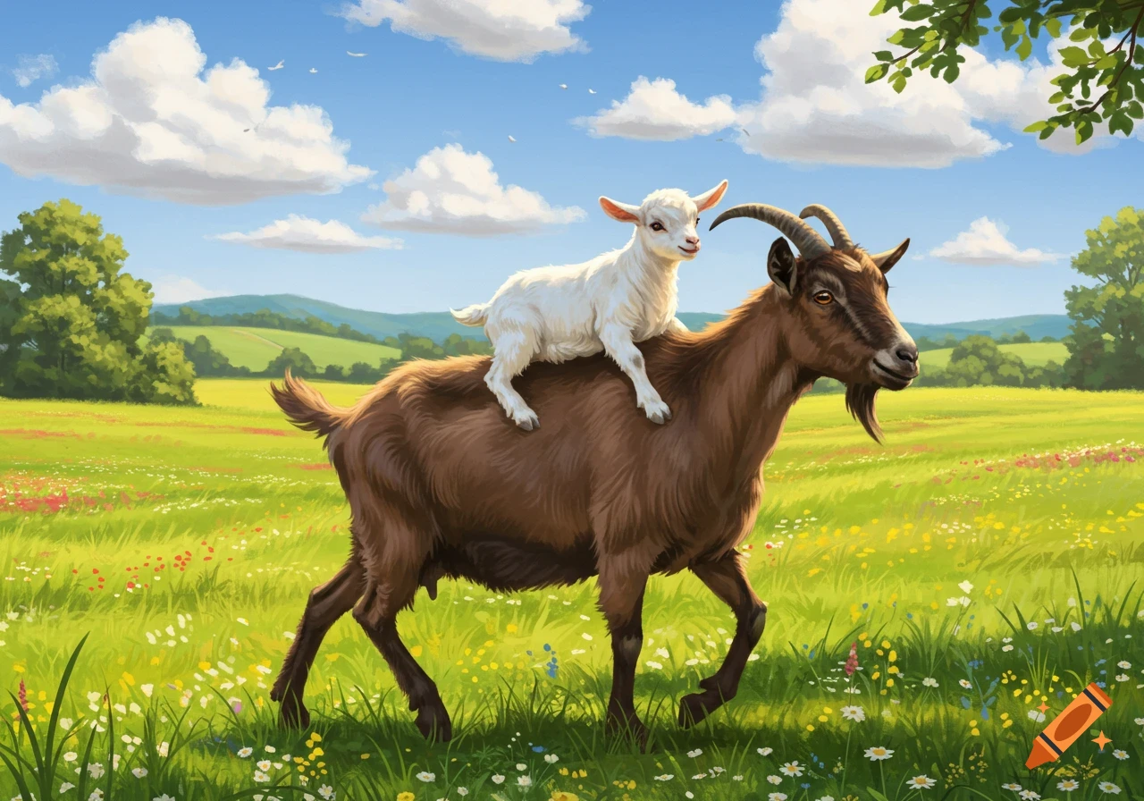 A white baby goat rides on the back of a brown adult goat through a vibrant green meadow under a blue sky, in an illustrative style.