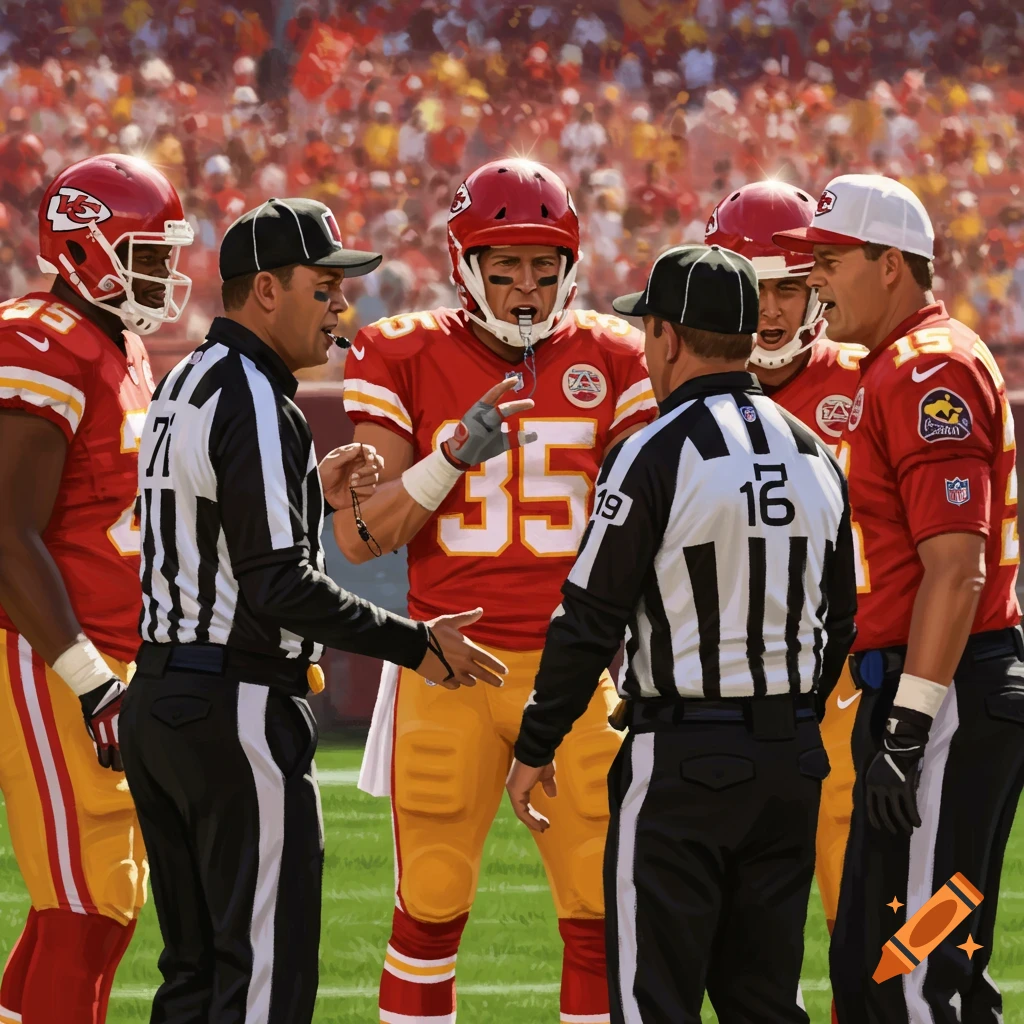 A group of American football players in red jerseys and referees in black and white striped jerseys gather on a green field during a game, with a stadium crowd in the background. The art style resembles a digital painting.