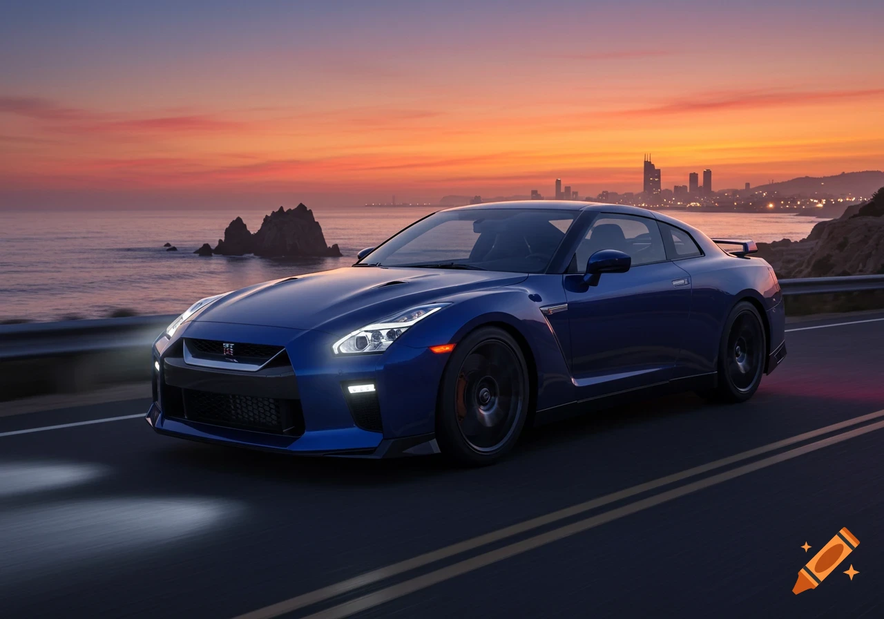A blue Nissan GT-R drives on a coastal road at sunset, with a city skyline in the background. Photorealistic.