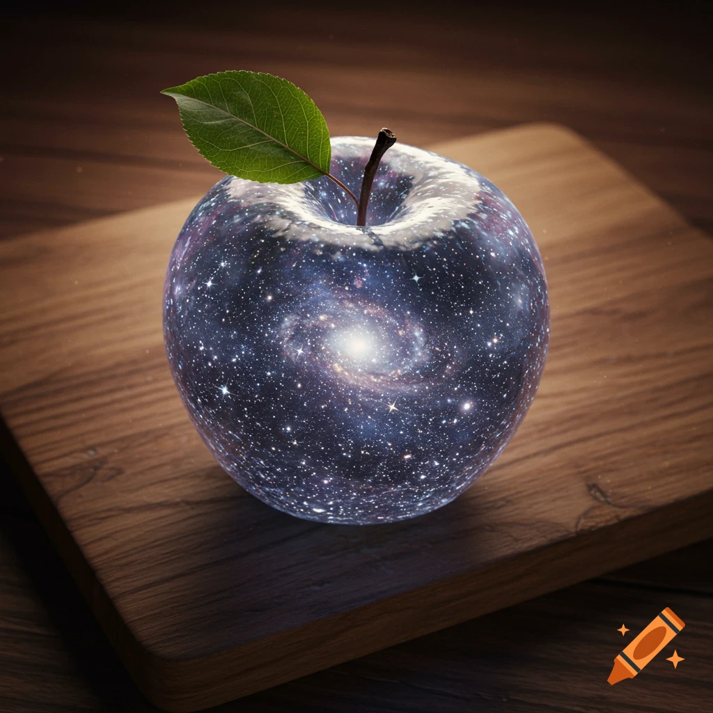 A translucent, glowing apple filled with a swirling galaxy sits on a wooden cutting board, photorealistic fantasy style.