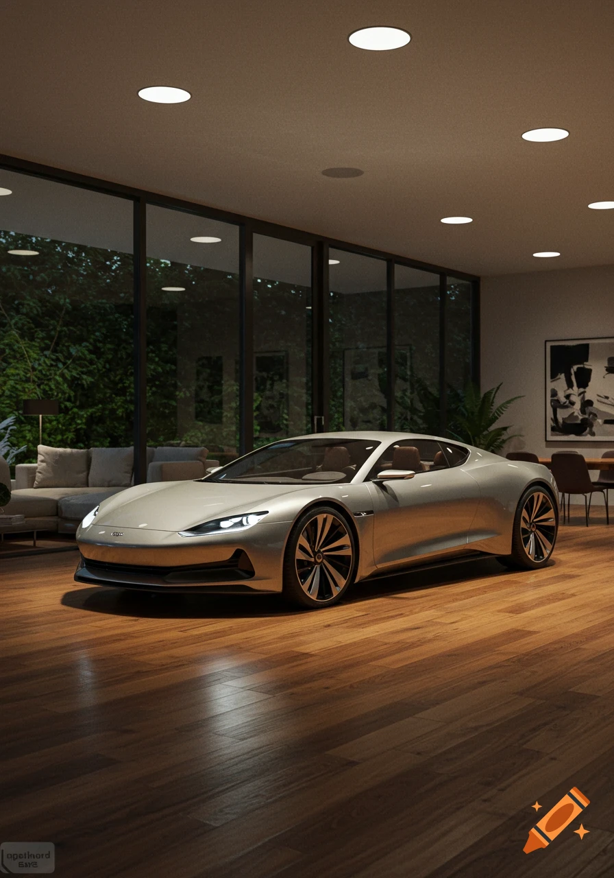 A sleek silver sports car is parked on a glossy wooden floor inside a modern luxury living room with large glass windows overlooking lush greenery.