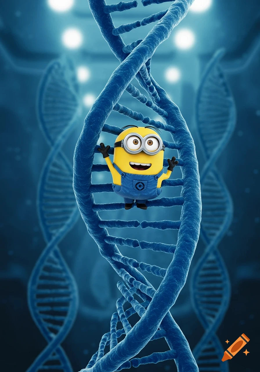 A smiling Minion character with outstretched arms sits on a blue double helix DNA strand, against a blurry blue background.
