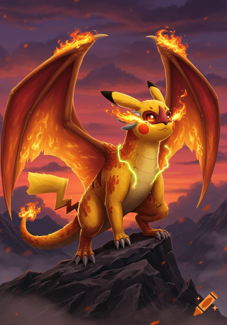 A Charizard-Pikachu hybrid stands on a rocky mountain at sunset, with fiery wings and lightning around its neck.