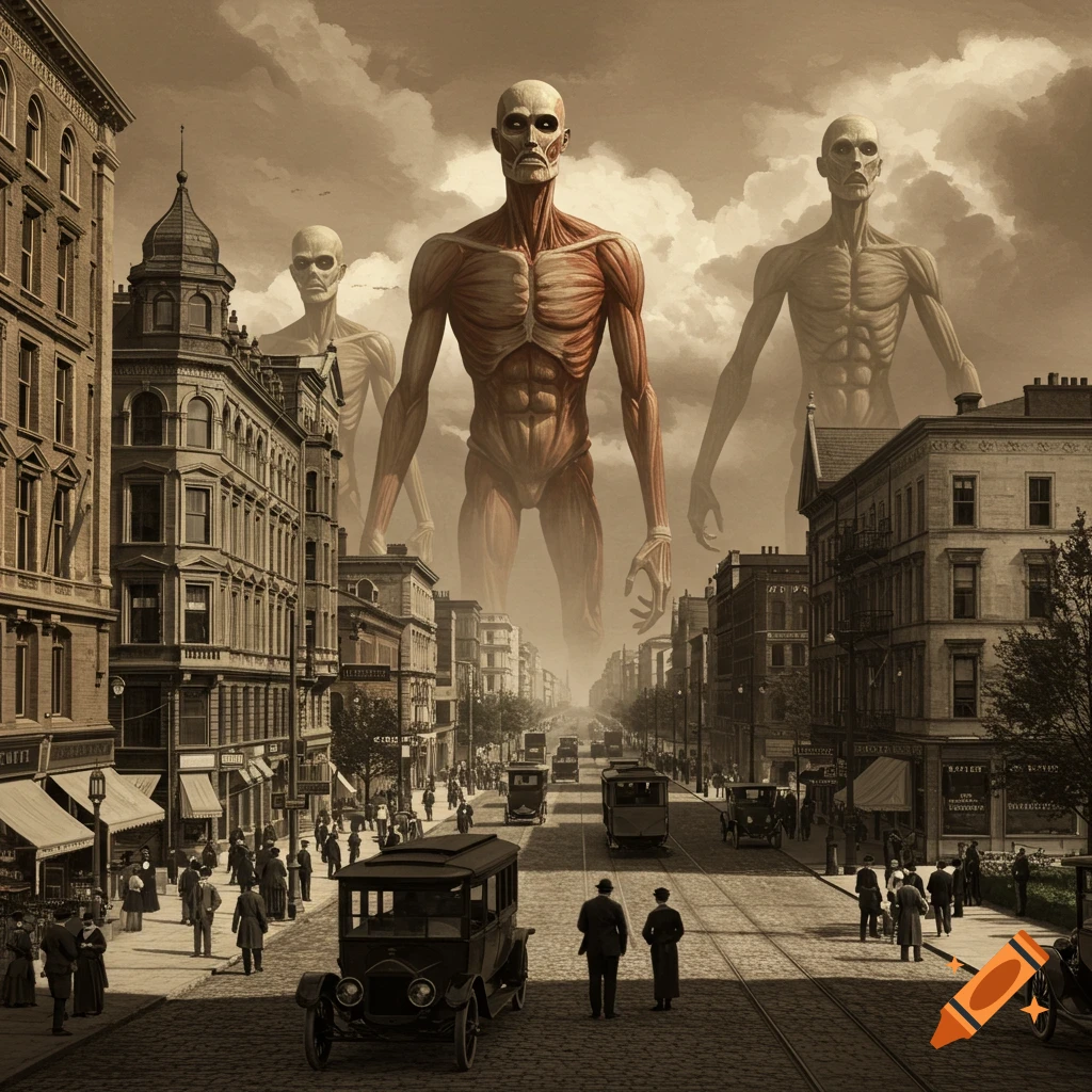 Giant skinless titans loom over a sepia-toned historical city street with people and vintage cars.