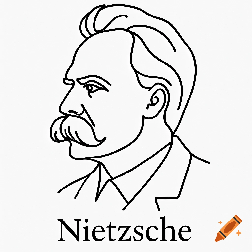 Minimalist continuous line art profile of philosopher Friedrich Nietzsche with his name "Nietzsche" below.