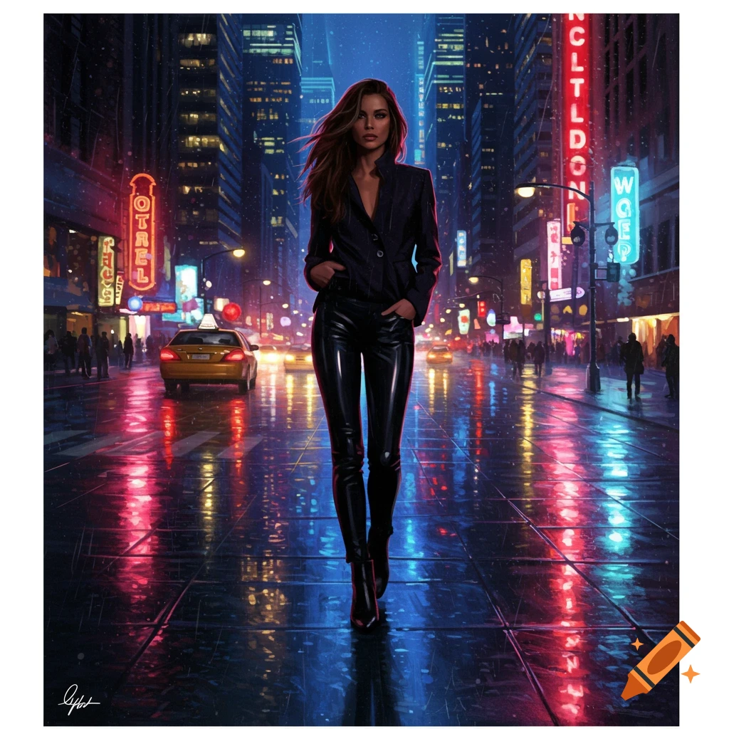 A woman in a dark blazer and shiny leather pants walks down a neon-lit, wet city street at night.