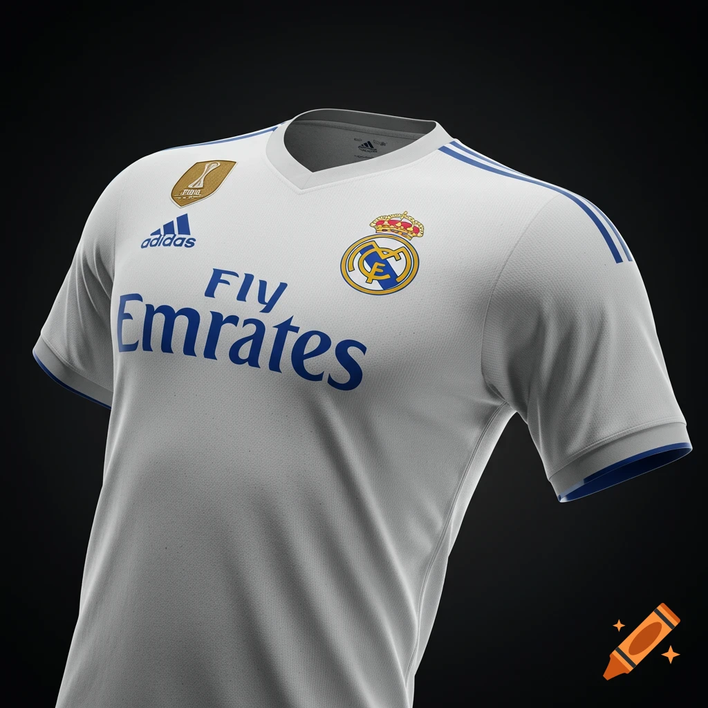 A detailed, high-quality close-up of a white Real Madrid soccer jersey with 'Fly Emirates' sponsor, Adidas logo, and club crest.