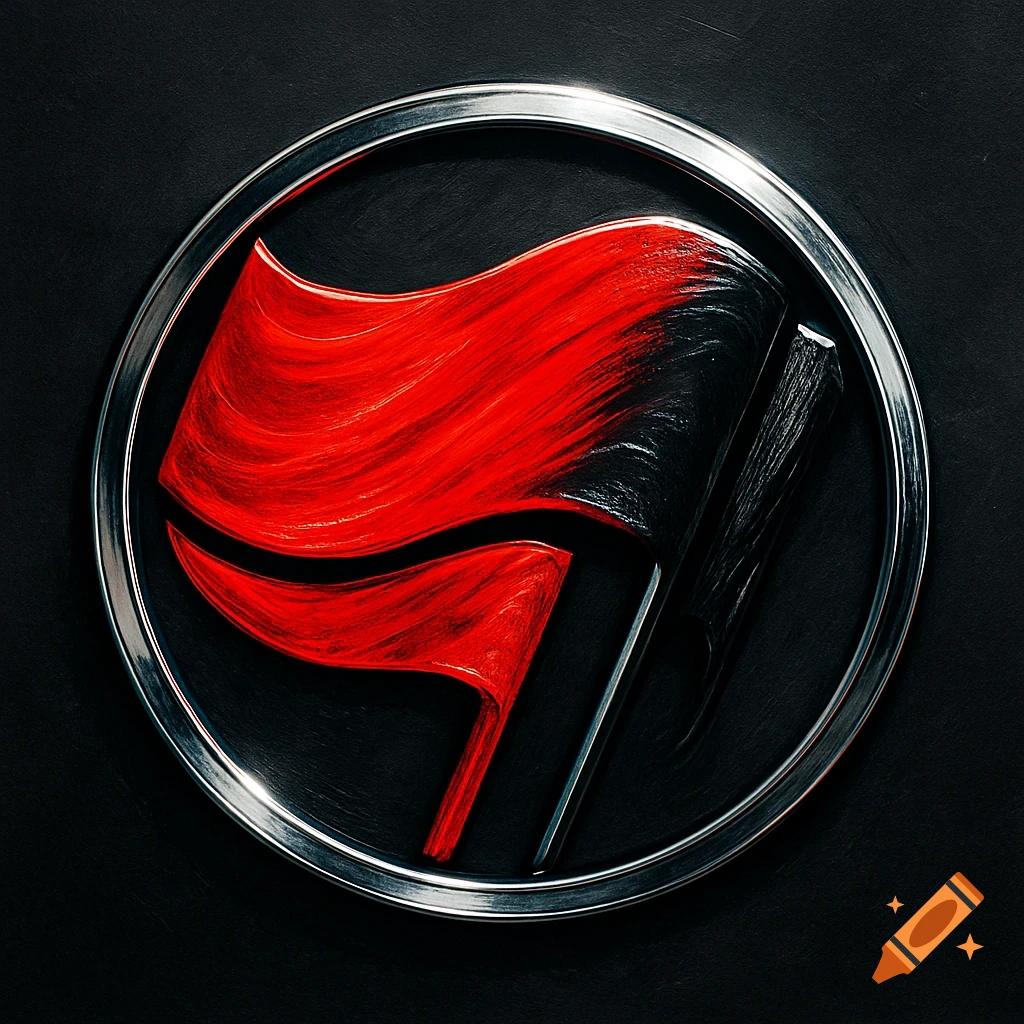 A stylized red and black flag emblem within a shiny silver circular frame on a dark textured background.