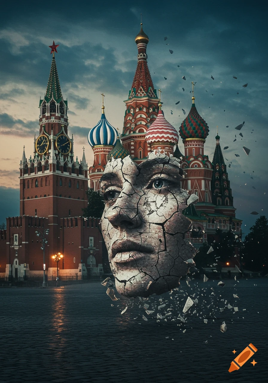 A surreal image of a large, cracked stone face floating before the Kremlin buildings under a dramatic sky.