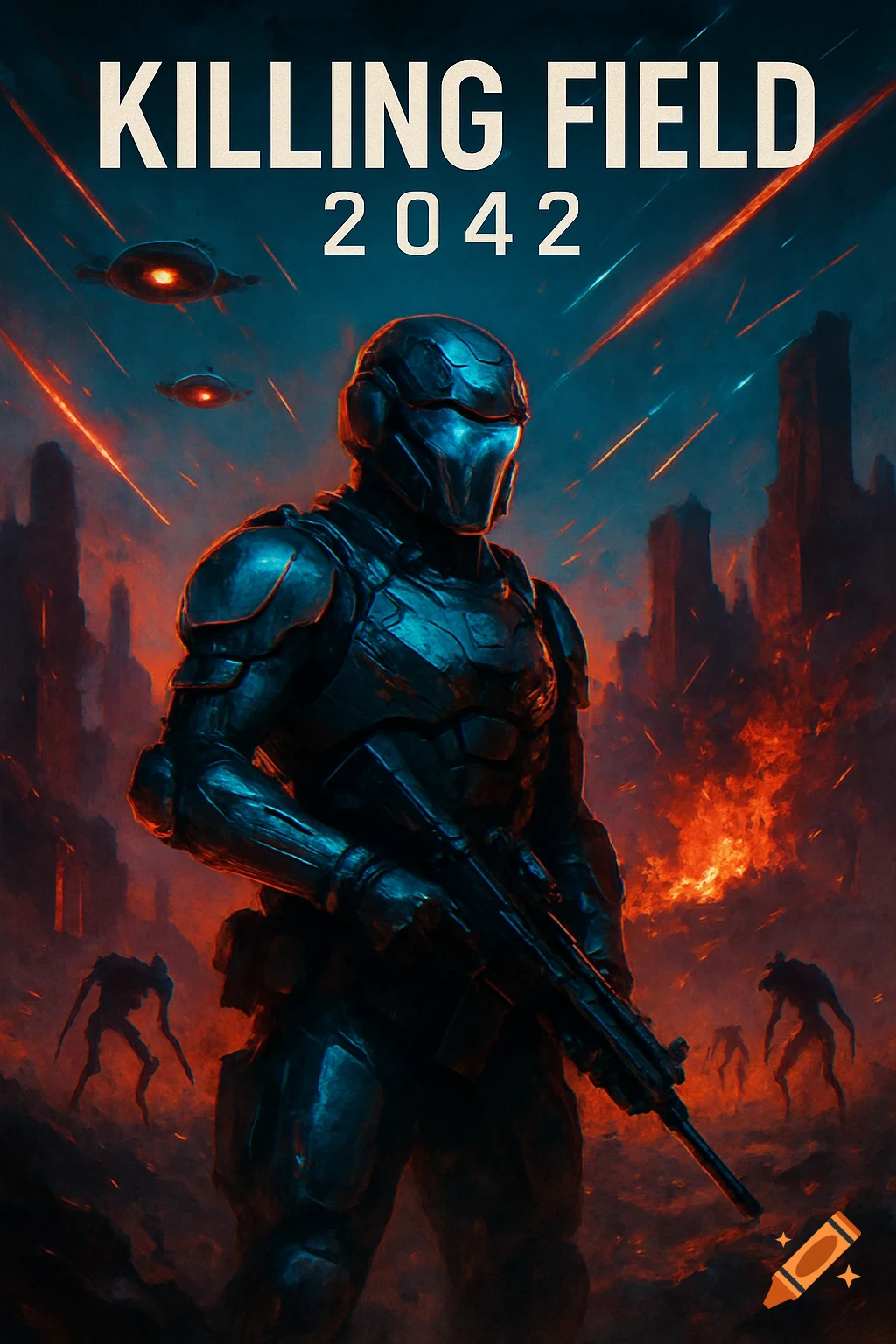 A sci-fi soldier in dark armor holds a rifle on a burning battlefield with alien creatures, flying drones, and explosions, with 'KILLING FIELD 2042' text above.