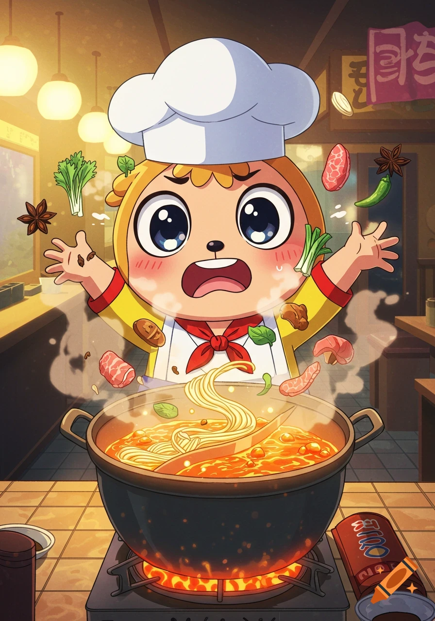 Anime-style animal mascot chef looking terrified while making hot pot in a bustling restaurant kitchen.