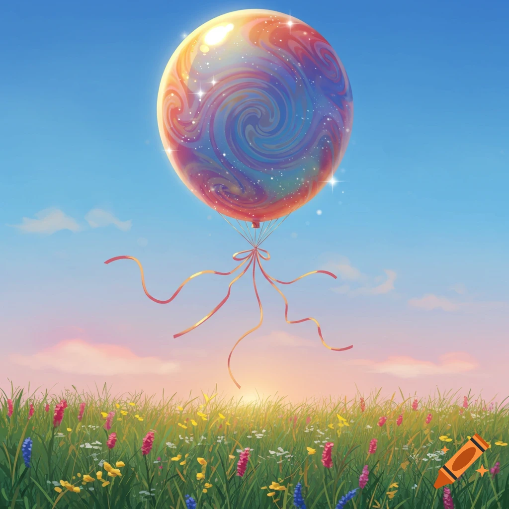 A vibrant, colorful balloon floats over a green field of wildflowers under a bright blue sky at sunset.