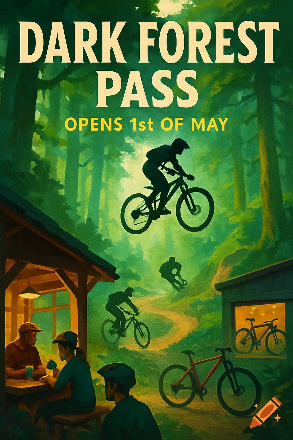 A poster for "Dark Forest Pass" showing mountain bikers jumping and riding through a lush green forest, with a small cafe and people at the bottom. Text says "DARK FOREST PASS OPENS 1st OF MAY".