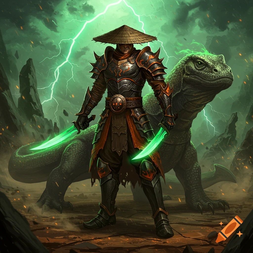 A fantasy warrior in black and orange armor and a straw hat holds glowing daggers, standing with a large glowing green Komodo dragon in a stormy wasteland.
