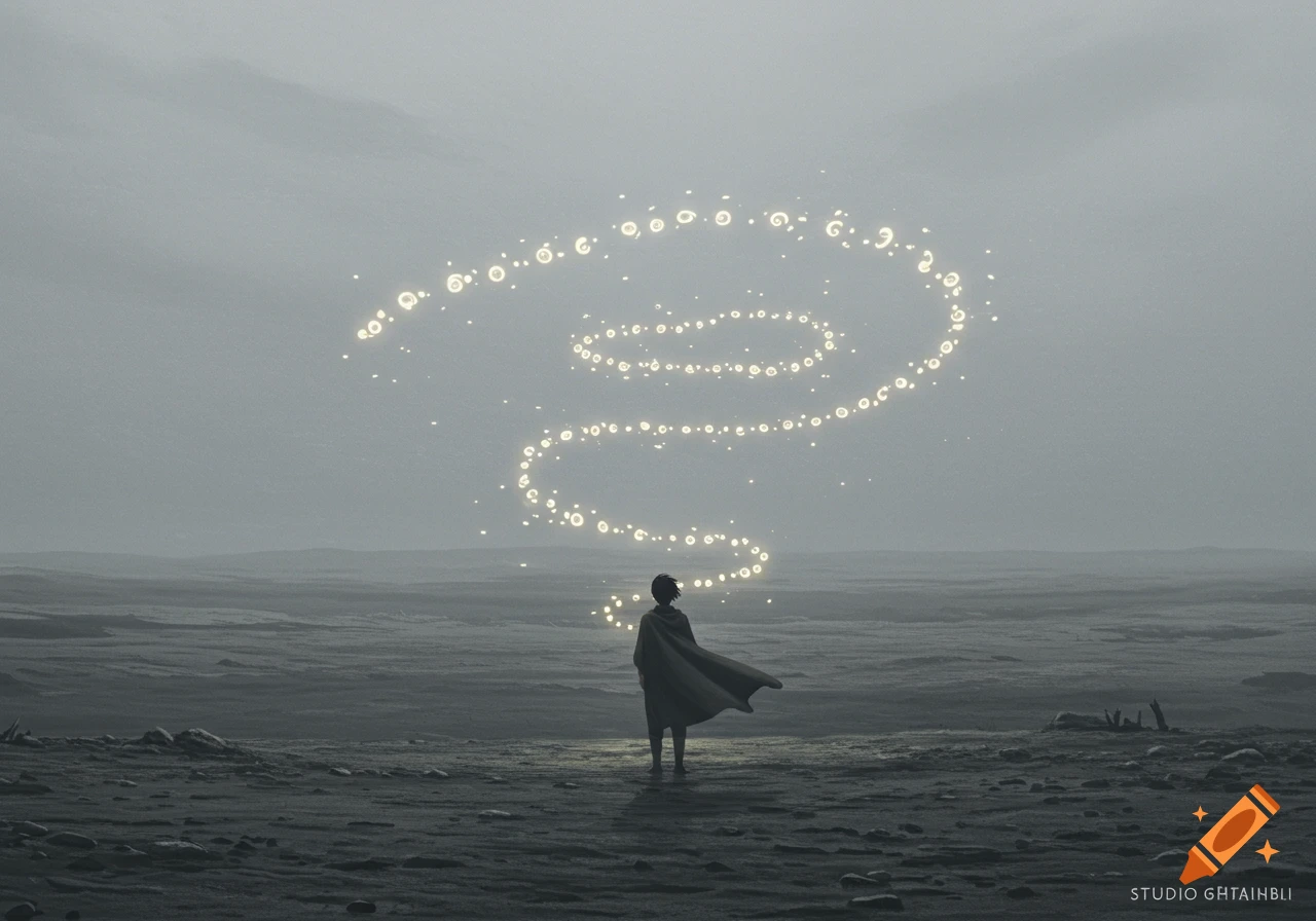 A cloaked figure stands in a barren, misty landscape, gazing at swirling, glowing orbs ascending into the sky in a Studio Ghibli style digital illustration.