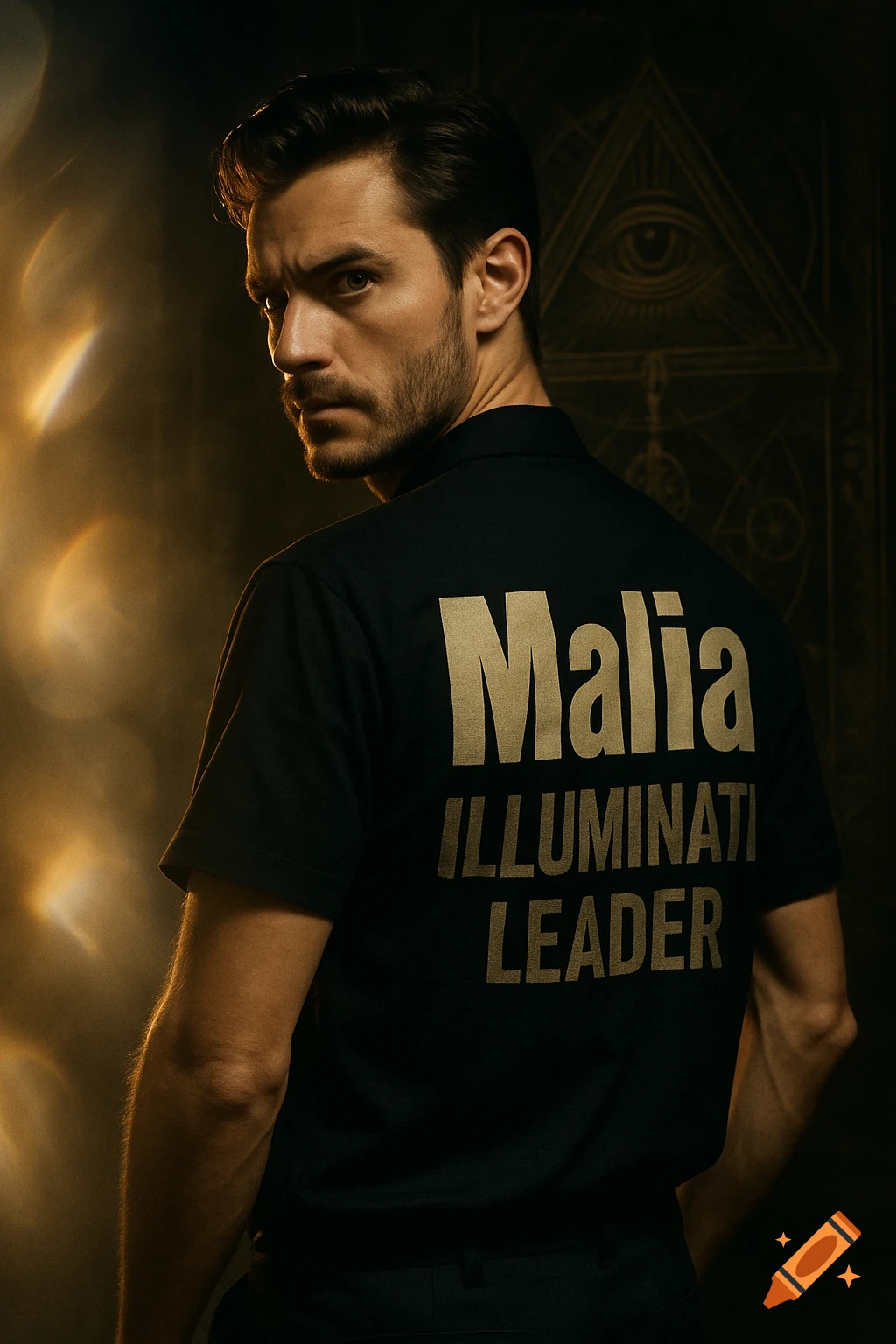 Man in a black shirt with 'Malia ILLUMINATI LEADER' in gold text, looking over his shoulder. An Eye of Providence is in the background.