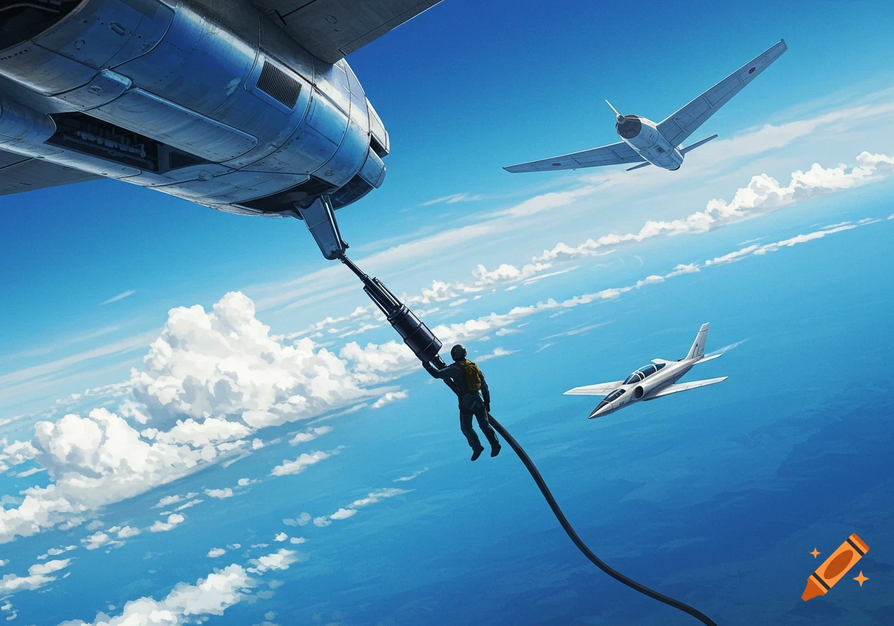 A person hangs from an aerial refueling hose from a large aircraft, with two jets flying below in a clear blue sky. Illustrated.