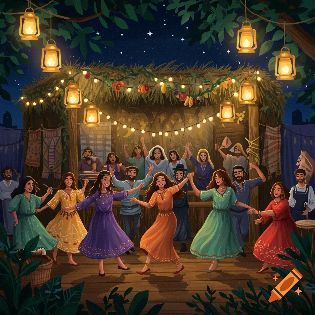 Festive illustration of people dancing and celebrating outside a decorated sukkah at night, under hanging lanterns and string lights.