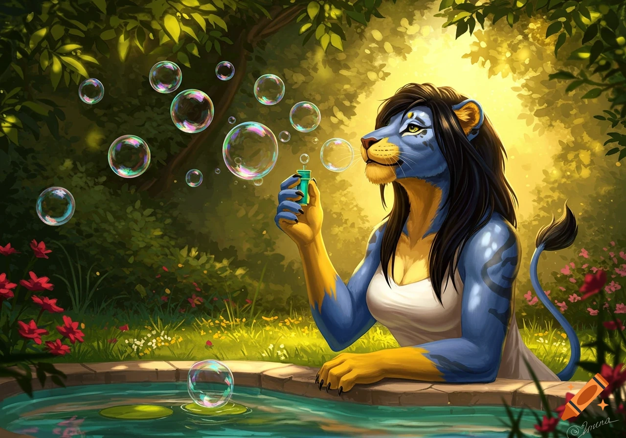 Digital art of a blue and yellow anthropomorphic lioness woman blowing soap bubbles in a lush, sunlit garden with a small pool.