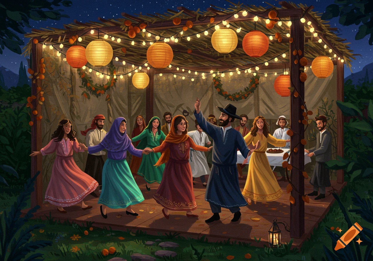 An illustration of people in traditional attire dancing under a festive sukkah at night, adorned with lanterns and string lights.