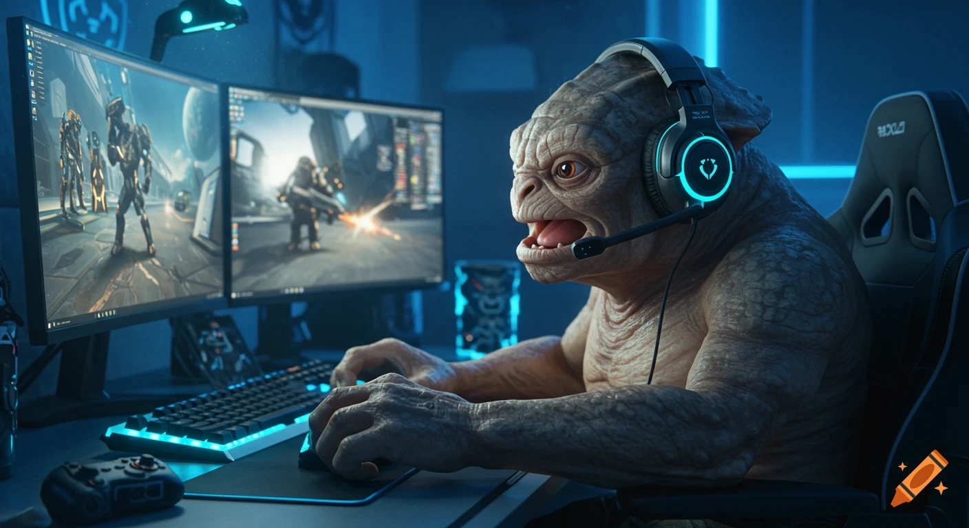 A detailed alien creature wearing a gaming headset, intensely playing a futuristic video game on a dual monitor PC setup in a blue-lit room.