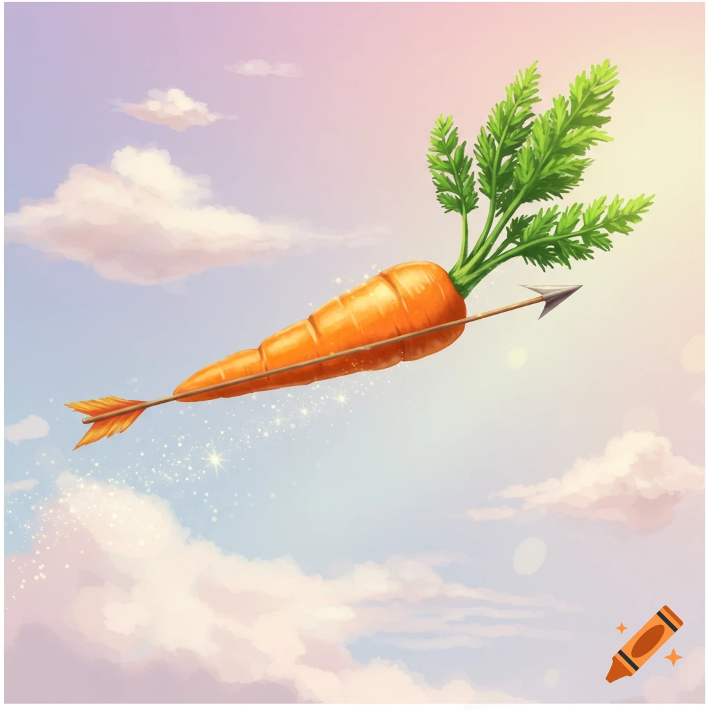 Whimsical illustration of an orange carrot, shaped like an arrow, flying through a pastel sky with clouds and sparkling stars.