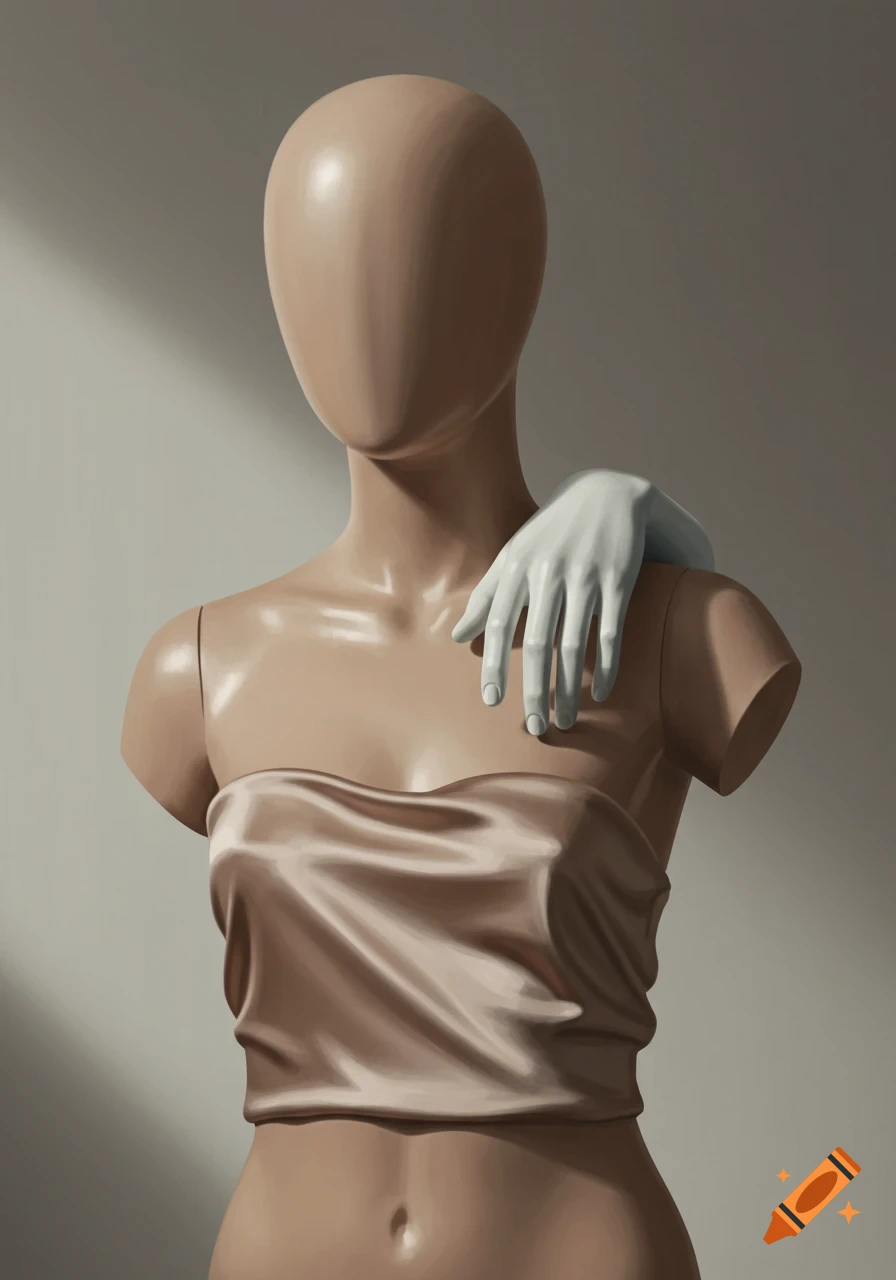 A stylized illustration of a mannequin torso wearing a strapless, silky beige top, with a white hand resting on its right shoulder.