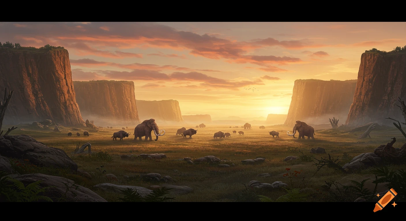 Digital painting of a prehistoric landscape at sunset, with mammoths and other animals grazing in a vast grassy plain surrounded by towering cliffs.