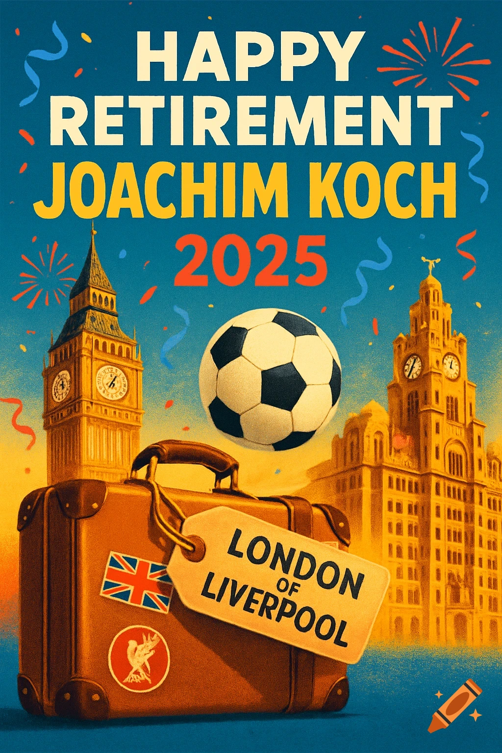 A stylized retirement greeting card featuring Big Ben, the Liver Building, a football, and a suitcase with a tag that reads 'LONDON OF LIVERPOOL'.