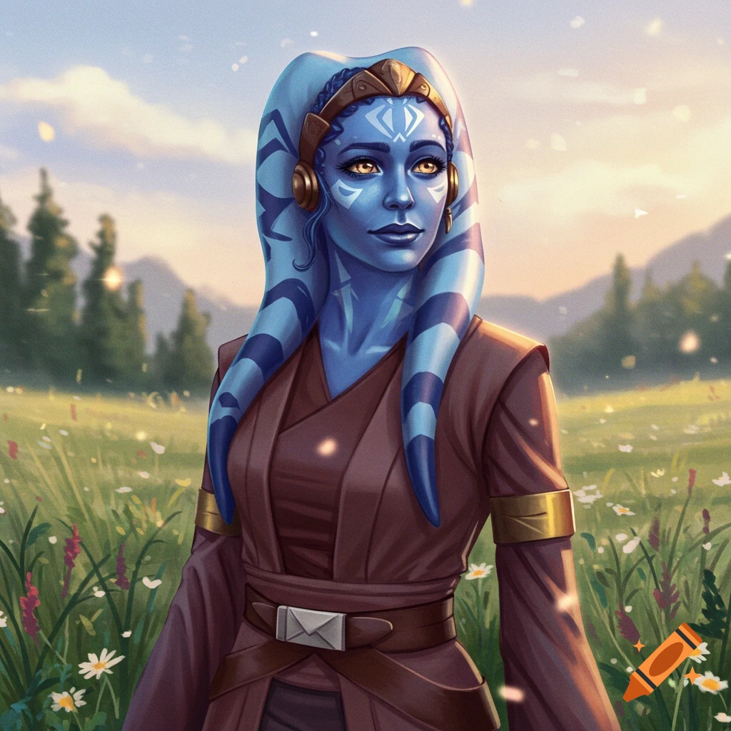 A blue-skinned Twi'lek woman with head-tails and white facial markings, wearing brown robes, stands in a field of wildflowers under a bright sky.