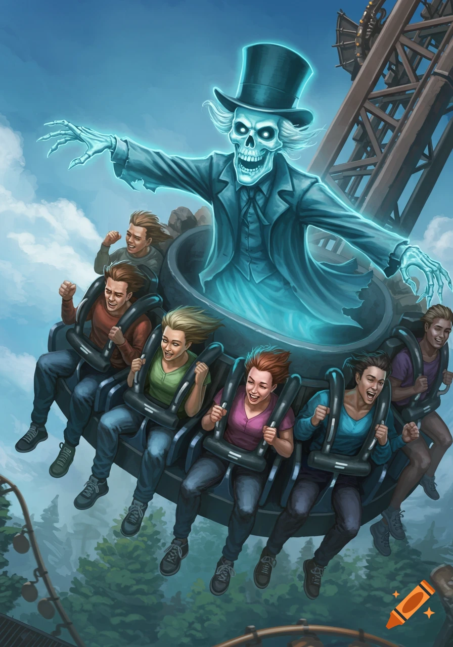 An illustration of the Hatbox Ghost and several excited people riding an amusement park drop tower.