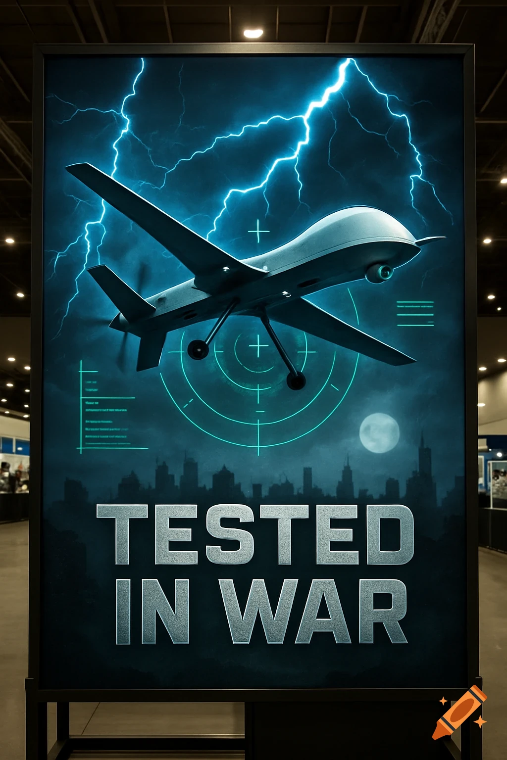 An advertisement banner displays a military drone flying above a dark city skyline with lightning, text reads "TESTED IN WAR".