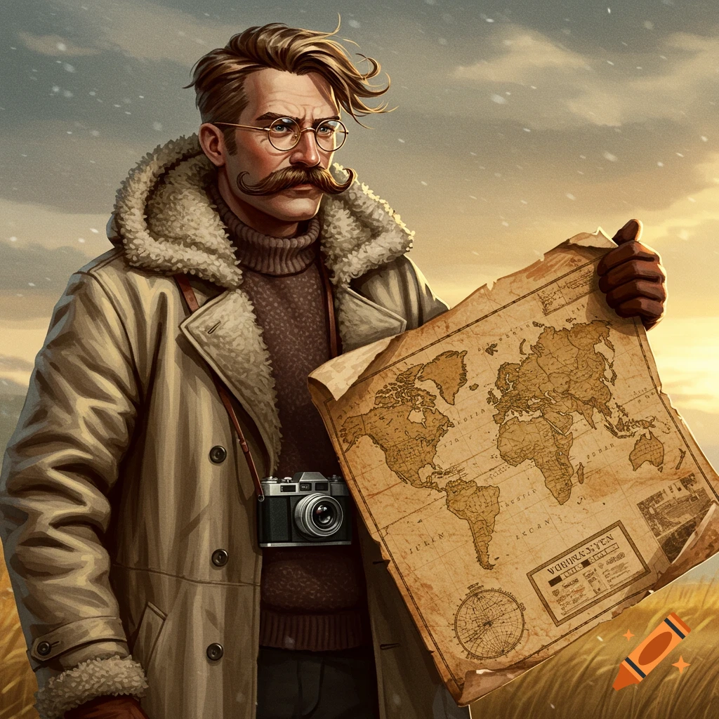 A stylish man with a mustache, glasses, and a fur-lined coat holds an old world map, with a camera around his neck.