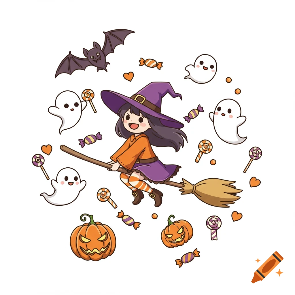 A cheerful cartoon witch flying on a broomstick, surrounded by cute ghosts, pumpkins, bats, and colorful Halloween candy on a white background.