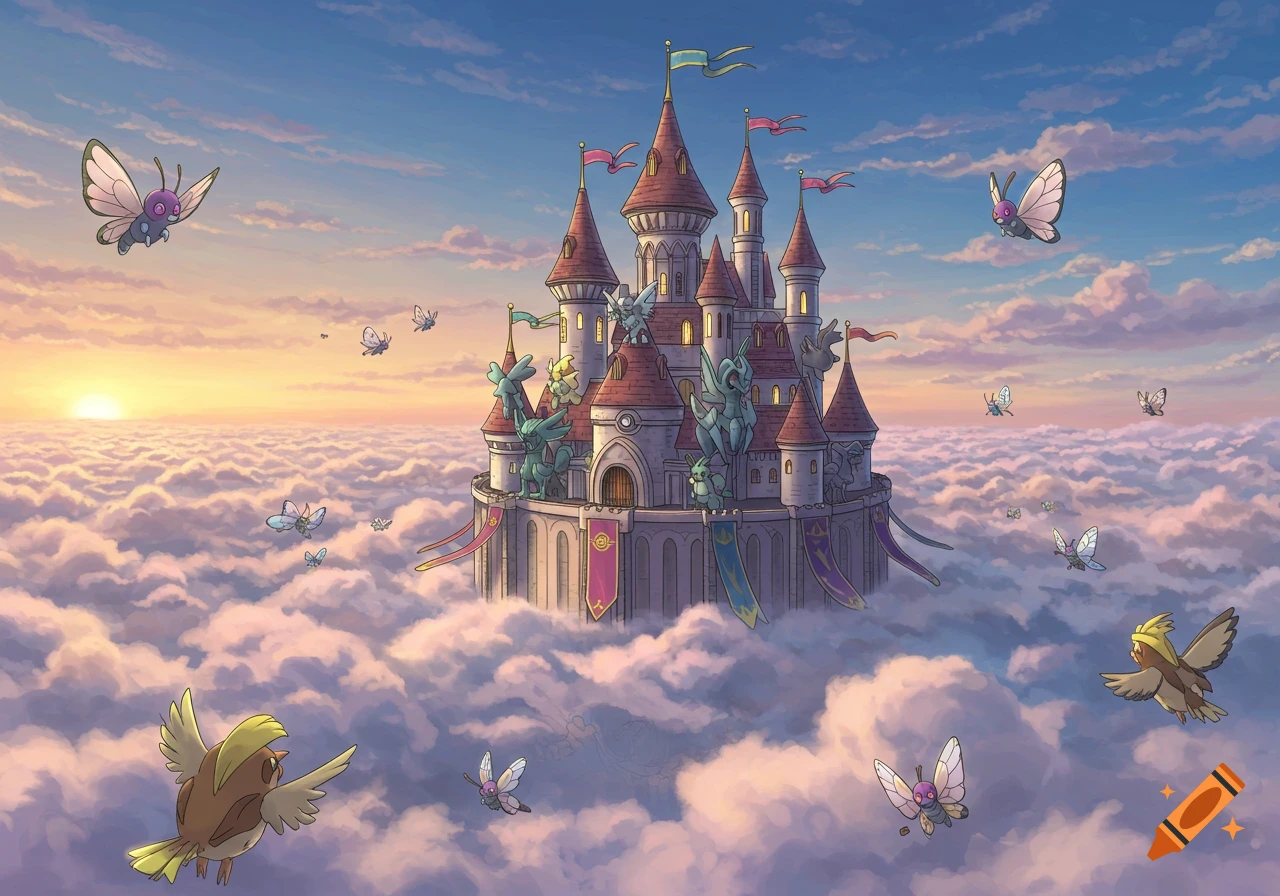 Anime castle in the sky surrounded by clouds and flying Pokémon at sunset.