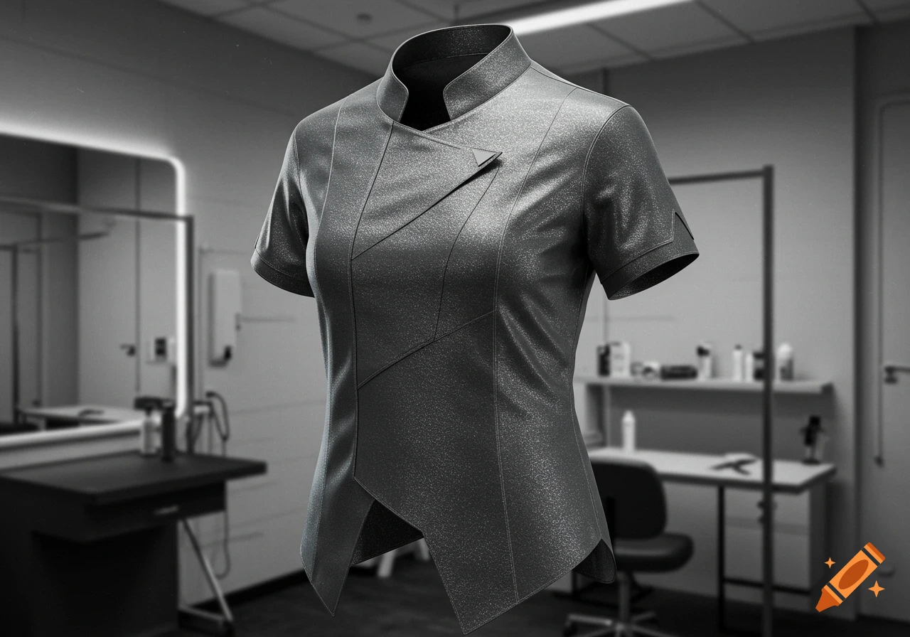 A dark gray, textured short-sleeve jacket with geometric seams and an asymmetrical hem, floating in a blurred salon background.