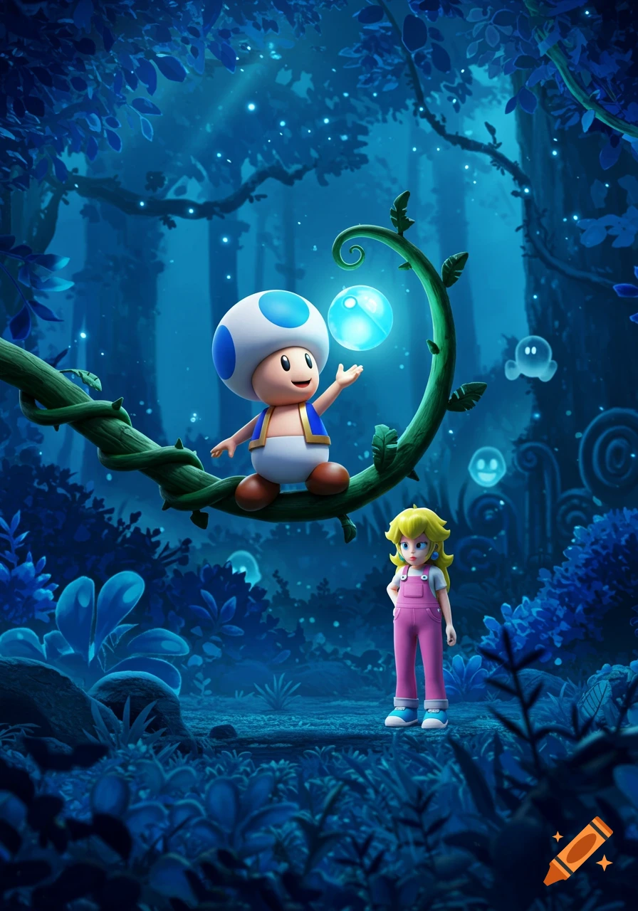3D rendered image of Toad on a vine with a blue orb and Princess Peach standing below in a glowing blue forest with floating ghosts.