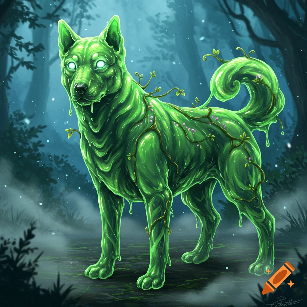 A glowing green slime dog with vines and small flowers stands in a dark, misty forest in a digital art style.