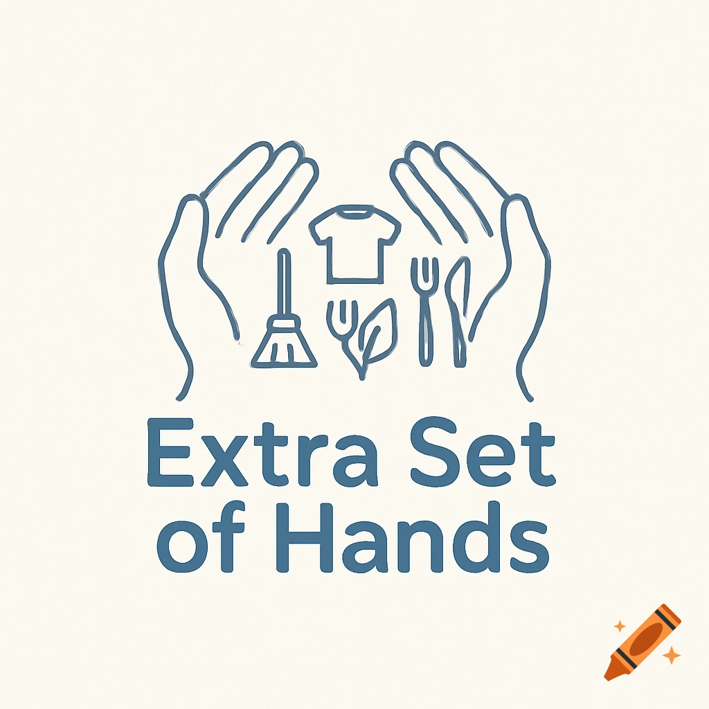 A blue line art logo on a cream background, featuring two cupped hands protecting icons of a broom, t-shirt, leaves, fork, and knife, with text 'Extra Set Of Hands'.