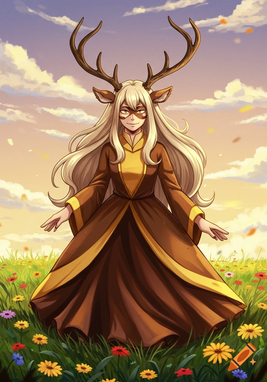 Anime character with long beige hair, deer antlers, and a brown and yellow dress, standing in a field of wildflowers under a cloudy sky.